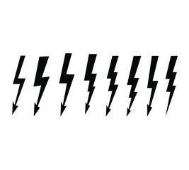 A collection of various black lightning bolt icons and symbols, representing electricity, power, energy, and danger, isolated on white background