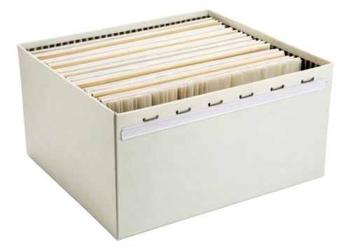 Light beige cardboard filing box filled with hanging file folders and documents, perfect for office organization and record keeping solutions.