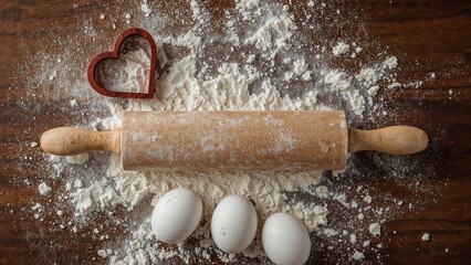 A rolling pin, eggs, heart-shaped cookie cutter, and flour on a wooden surface, related to baking or cooking.