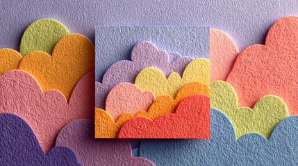 Minimalist pastel background with blank card and colorful abstract cloud shapes, a high quality realistic top view for microstock use