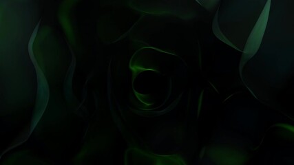 A captivating digital artwork featuring a dark, swirling pattern of green and black shapes and lines in constant motion, suggestive of a design used in video games or movies