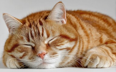 A cat is sleeping on a white surface