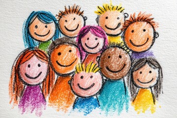 A group of children are smiling and drawn in crayon