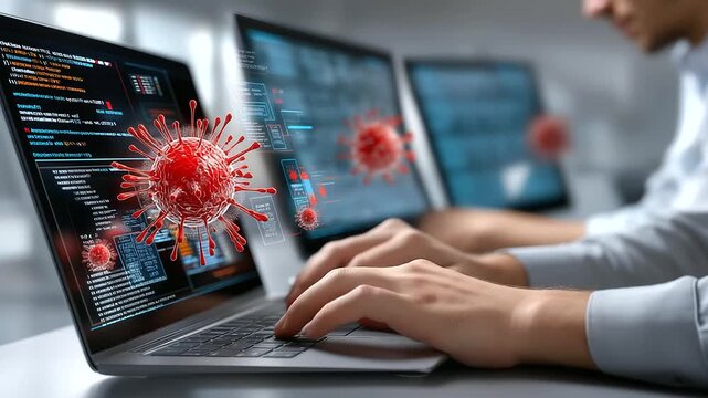 Ethical hacking simulation in a cybersecurity war room, coders defending against digital threats, screens with code and virus icons, protecting data privacy, intense tech thriller
