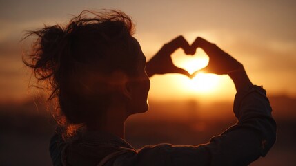 Silhouette of woman forming heart shape with hands against vibrant sunset sky creating romantic peaceful evening scene