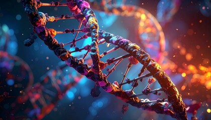 Vibrant DNA double helix structures on a dynamic blue-orange abstract background, symbolizing genetic science.