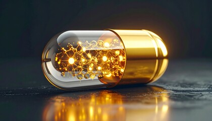 Futuristic capsule with glowing molecular spheres inside, half transparent and half metallic gold, on dark surface.