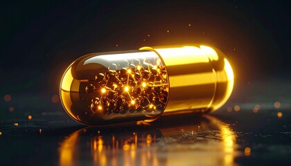 Futuristic capsule with glowing molecular spheres inside, half transparent and half metallic gold, on dark surface.