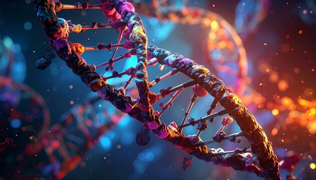 Vibrant DNA double helix structures on a dynamic blue-orange abstract background, symbolizing genetic science.