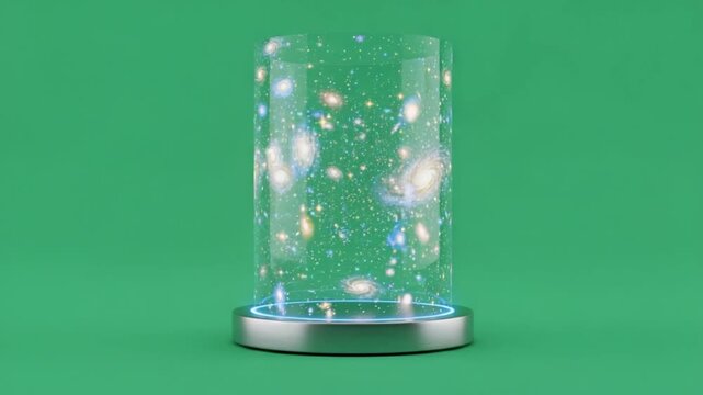 Cosmic Encapsulation: A glowing display of galaxies and stars, encased within a glass cylinder, set against a vibrant green backdrop, hinting at the vastness of the universe.
