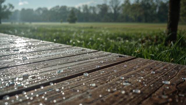 Wet wooden surface with water droplets reflecting sunlight in a park setting. Green grass and trees in the background. - Powered by Adobe