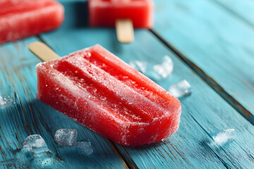 Close up of refreshing watermelon popsicle on turquoise wooden table
