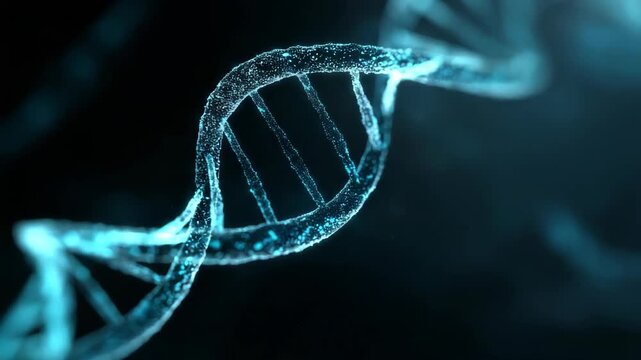 Close-up of glowing dna strand helix in dark background
