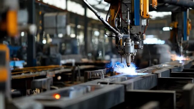 Industrial medium shot of automated thermal spray coating in a workshop emphasizing advanced machinery applying plasma and HVOF coatings on metal parts.