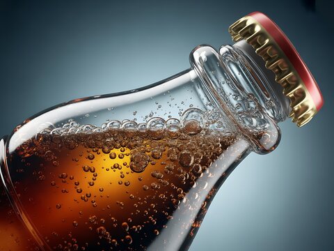 Close up of a refreshing fizzy brown beverage in a glass bottle with a metal cap