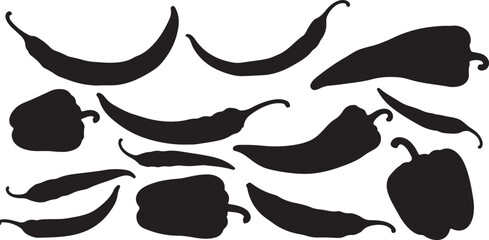 Assortment of Black Silhouette Chili Peppers and Bell Peppers Scattered on White Background Keywords: chili pepper, bell pepper, vegetable, food, ingredient, spice, hot, on transparent background