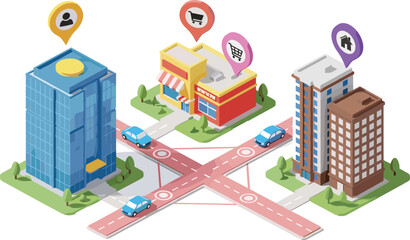 Isometric city intersection, urban zone illustration, office building, shopping center, residential apartment, cad drawing flat vector, infrastructure layout