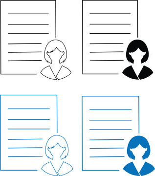 Female User Document Icon Set, Woman Profile and Data Sheet Icon, CV or Resume Document with Female Avatar Icon