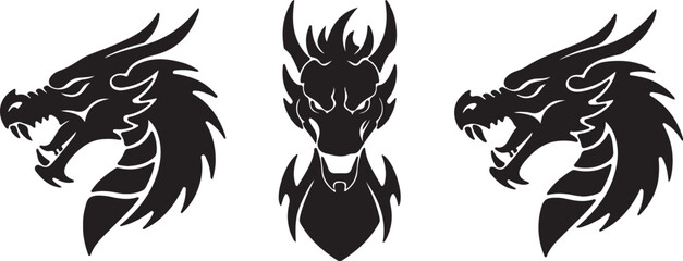 Three Black Silhouette Dragon Heads with Fierce Expressions on White Background Keywords: dragon, head, silhouette, fierce, mythical creature, fantasy, monster, aggressive, on transparent background