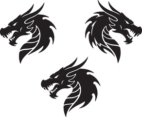 Three black silhouette dragon heads with sharp teeth and spiky manes on white background dragon silhouette on transparent background