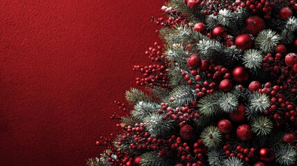 Christmas tree fir branches berries and cones decorated and snow falling on a red background holiday season decoration