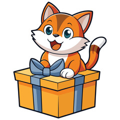 Cheerful cartoon kitten character with a cute domestic feline smile holding a fun gift box illustration vector