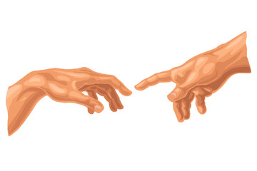 Male finger pointing touch god hand. Section fresco The Creation of Adam. Vector color illustration isolated on a white. For web, poster, info graphic