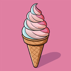 Vector illustration of a delicious cold, sweet ice cream cone dessert, often featuring scoops of vanilla, chocolate, or strawberry for a perfect summer snack