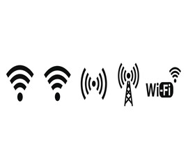 Black wireless signal icons, a tower symbol, and wiofi text, representing network connection and communication, isolated on white background