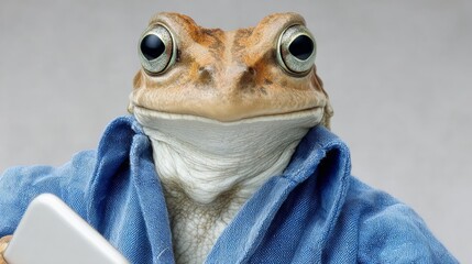 Fototapeta premium Frog wearing blue shirt, holding smartphone, with a confident expression, showcasing a whimsical character in a playful and humorous setting, ideal for creative projects and storytelling