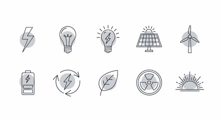 Set of hand-drawn icons representing renewable energy and environmental concepts.