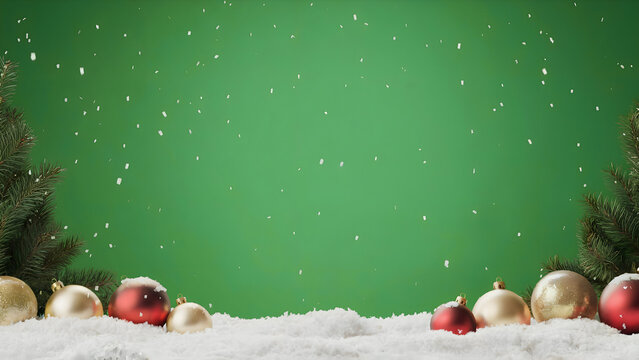 Wide greenscreen snowfall backdrop with Christmas ornaments placed neatly along the bottom margin leaving center empty