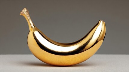 Golden banana sculpture placed on a textured surface, showcasing its shiny metallic finish, reflecting light beautifully, creating an artistic and modern decorative piece for contemporary settings