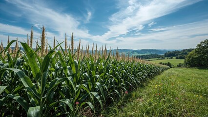 Cornfield with lush green crops and a scenic landscape under a partly cloudy sky.