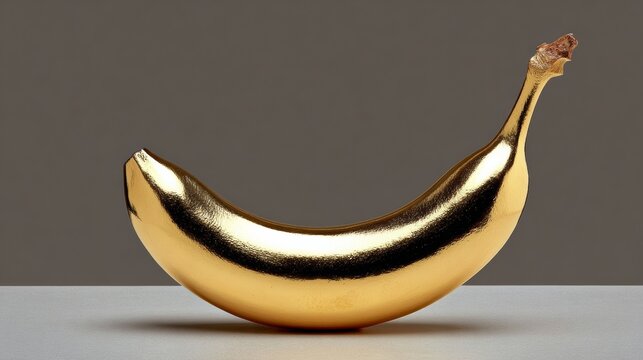 Golden banana sculpture with a shiny metallic finish, elegantly placed on a minimalist surface, showcasing modern art aesthetics and creative design concepts for contemporary decor