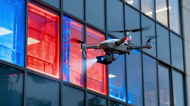 Drone equipped with thermal camera scanning glass windows to detect heat leaks and structural weaknesses in automated building inspections.