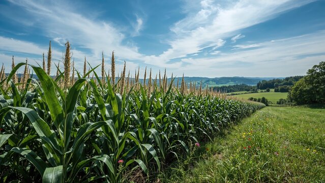 Cornfield with lush green crops and a scenic landscape under a partly cloudy sky.