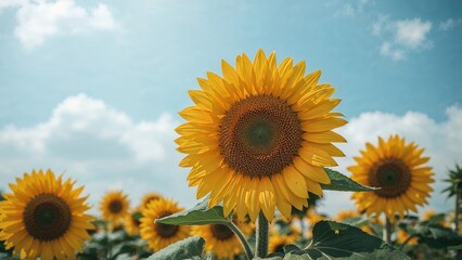 Obraz premium Sunflower field under blue sky with clouds, vibrant yellow flowers, and green leaves.