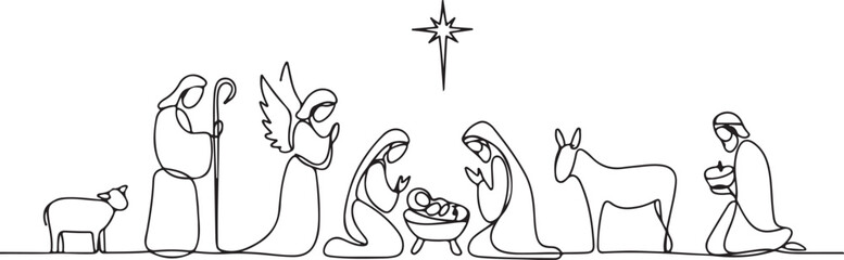 Continuous one line drawing. Bible Merry christmas scene of holy family. Vector illustration