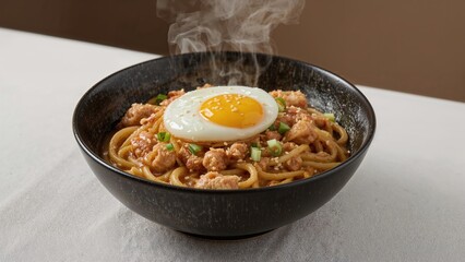 A bowl of ramen noodles with a fried egg on top, steaming hot, served in a black bowl. Delicious Asian cuisine, comfort food.