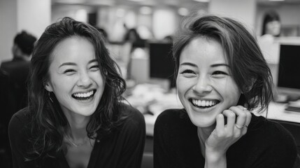 Two asian female colleagues share a lighthearted moment, laughing together in a modern office setting during the daytime