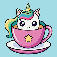 Cute vector illustration of a cartoon cat and dog character drinking hot tea and coffee with a cake design icon