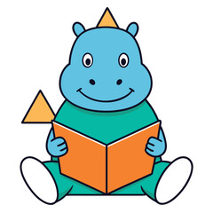 Cute pink piggy bank animal character illustration reading a funny book