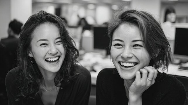 Two asian female colleagues share a lighthearted moment, laughing together in a modern office setting during the daytime