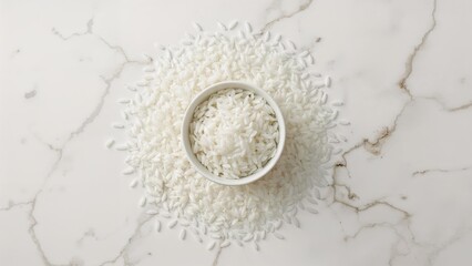 White rice in a bowl on a marble surface, with rice spilled around. Food and cooking, concept. The texture of rice and kitchen setting.