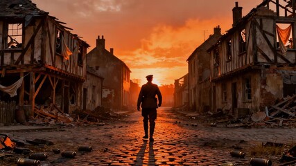 Seasoned warrior strolls past ancient stones during fiery dusk