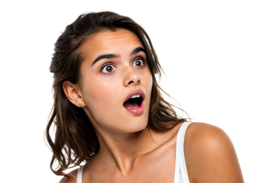 Young woman with wide eyes and open mouth expresses shock and surprise, perfect for conveying astonishment or sudden revelation in media projects.