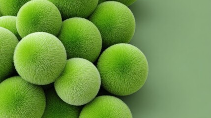 Vibrant green spheres with a fuzzy texture, clustered together on a soft green background, creating a visually appealing abstract composition with a playful atmosphere