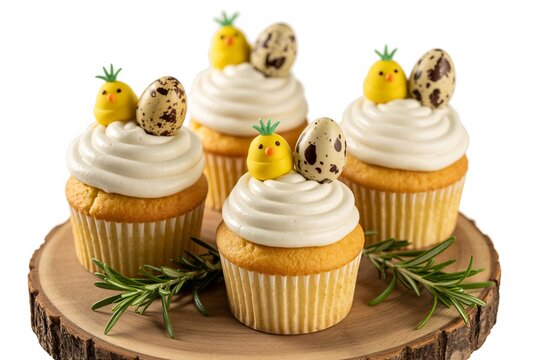 Easter Cupcakes with Fondant Chicks, Quail Eggs, and Rosemary on Wooden Board - Powered by Adobe