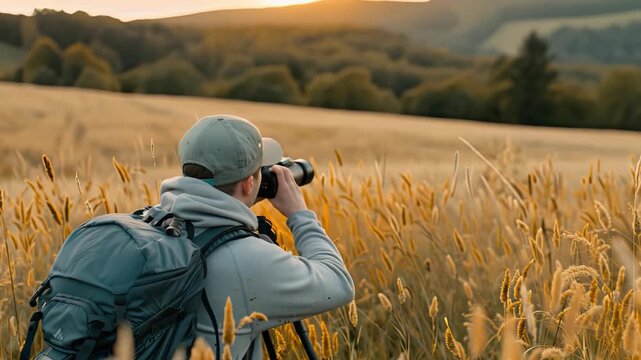 A photographer engages in capturing stunning sunset landscapes amidst tall grass and serene nature settings